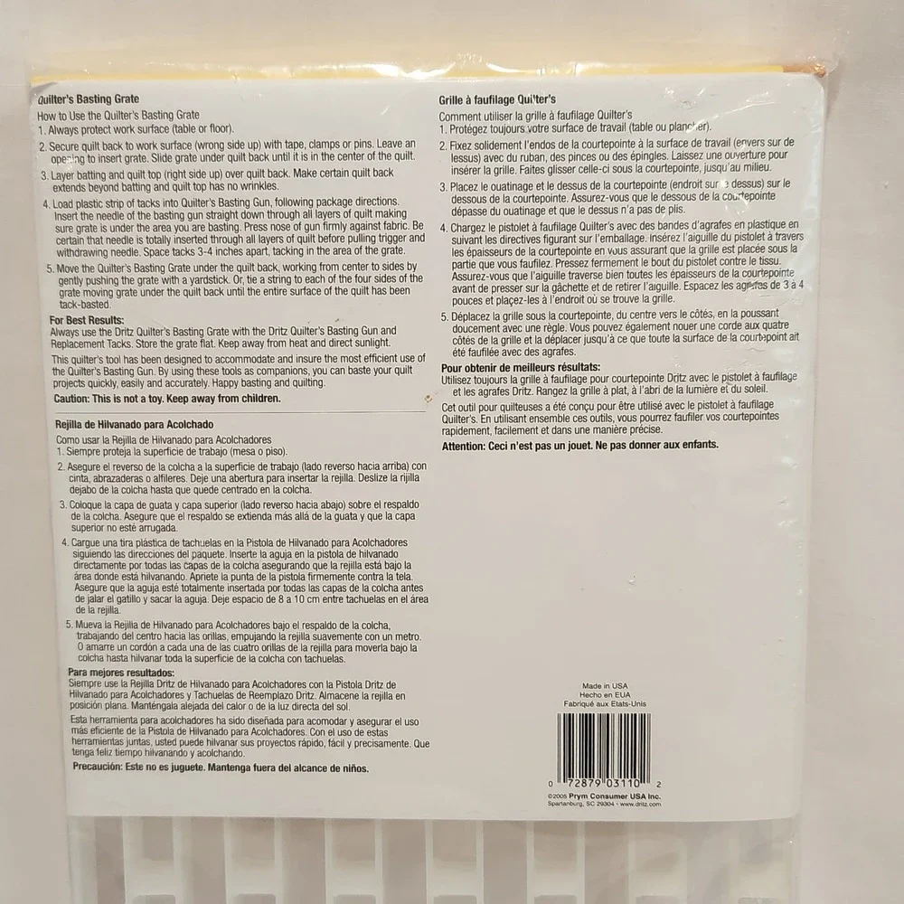 Dritz Quilting Quilters Basting Grate 8x18‎ White Plastic Basting Tool 3110 NEW